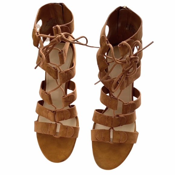 MARC FISHER Parodox Cognac Suede Block Heel Caged Lace Up Size 9 1/2 Wide - Picture 3 of 6